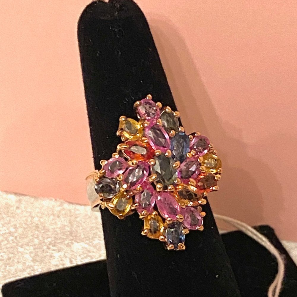 Gems en Vogue 18K Gold & SS, Multi-colored Gemstone Cocktail Ring, Size 7.75